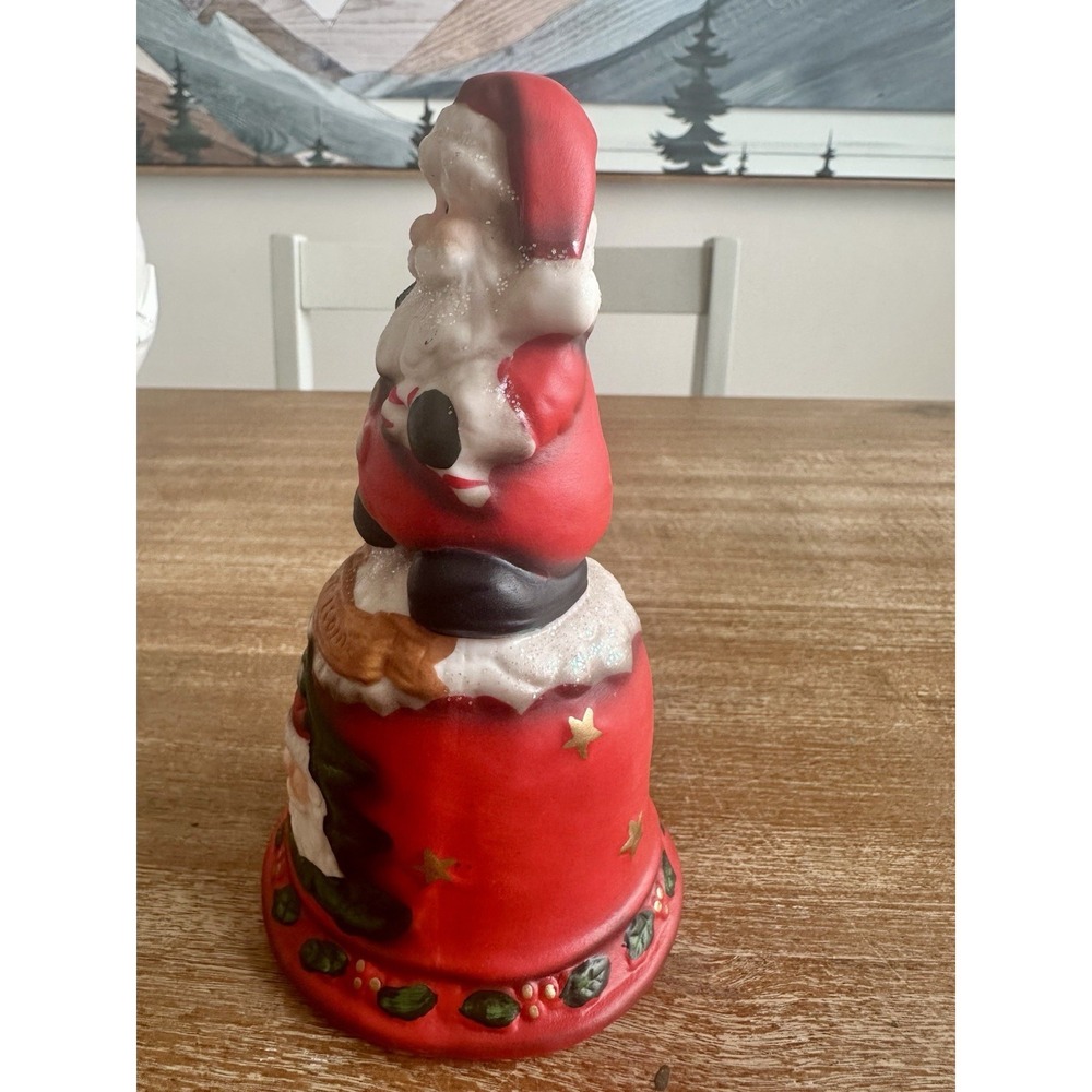 Santa Claus Bell Welcome Christmas Standing Holding Tree Ceramic 6'' New - Picture 3 of 5